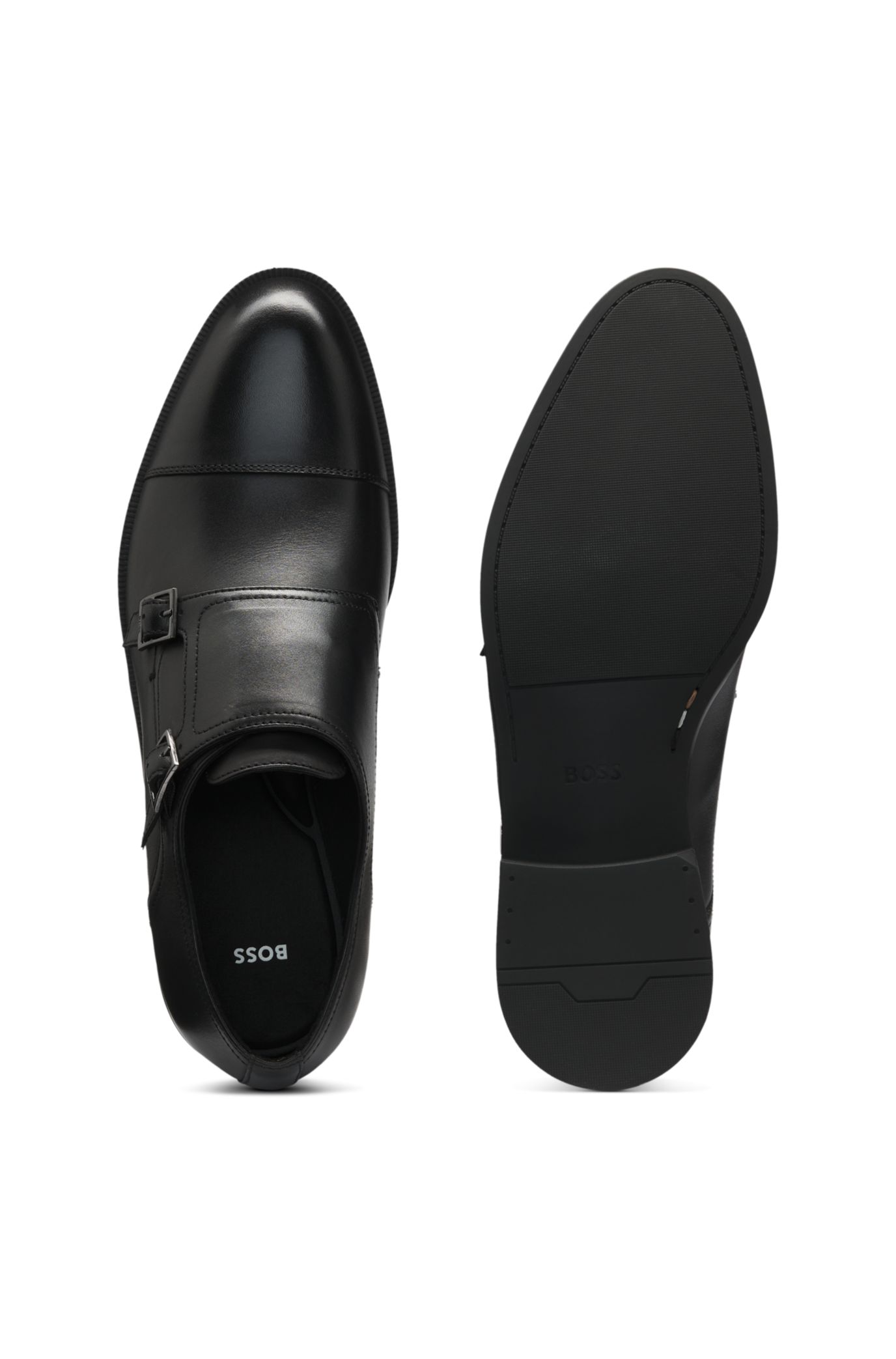 BOSS ブラックレザー ダブルモンクストラップシューズ BOSS - レザー モンクシューズ ダブルストラップ - ブラック