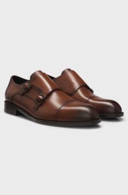 Leather monk shoes with double strap, Brown