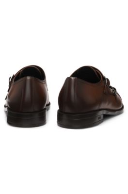 Leather monk shoes with double strap, Brown