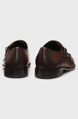 Leather monk shoes with double strap, Brown