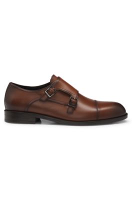 Leather monk shoes with double strap, Brown