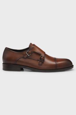 Leather monk shoes with double strap, Brown
