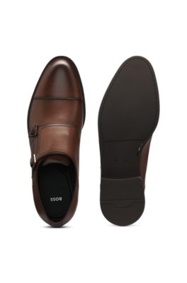 Leather monk shoes with double strap, Brown
