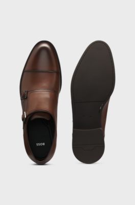 Leather monk shoes with double strap, Brown