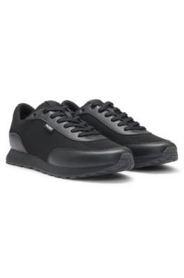 Knit-effect trainers with faux-leather trims, Black