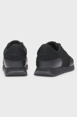 Knit-effect trainers with faux-leather trims, Black