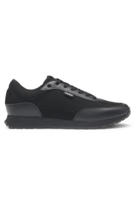 Knit-effect trainers with faux-leather trims, Black