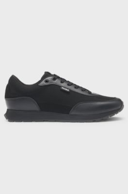 Knit-effect trainers with faux-leather trims, Black