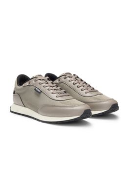 Knit-effect trainers with faux-leather trims, Beige