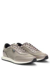 Knit-effect trainers with faux-leather trims, Beige