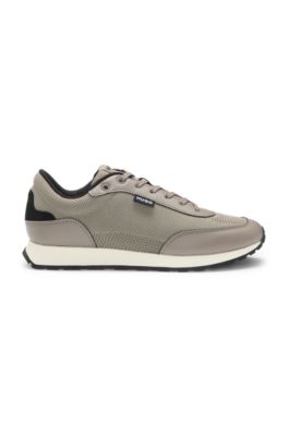 Knit-effect trainers with faux-leather trims, Beige