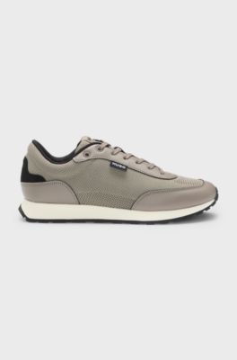 Knit-effect trainers with faux-leather trims, Beige