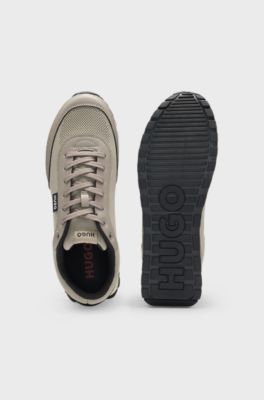 Knit-effect trainers with faux-leather trims, Beige