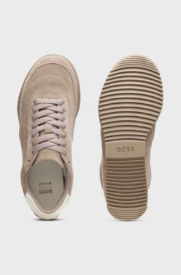 Sneakers van su&egrave;de met leren hielstuk, Lichtbeige