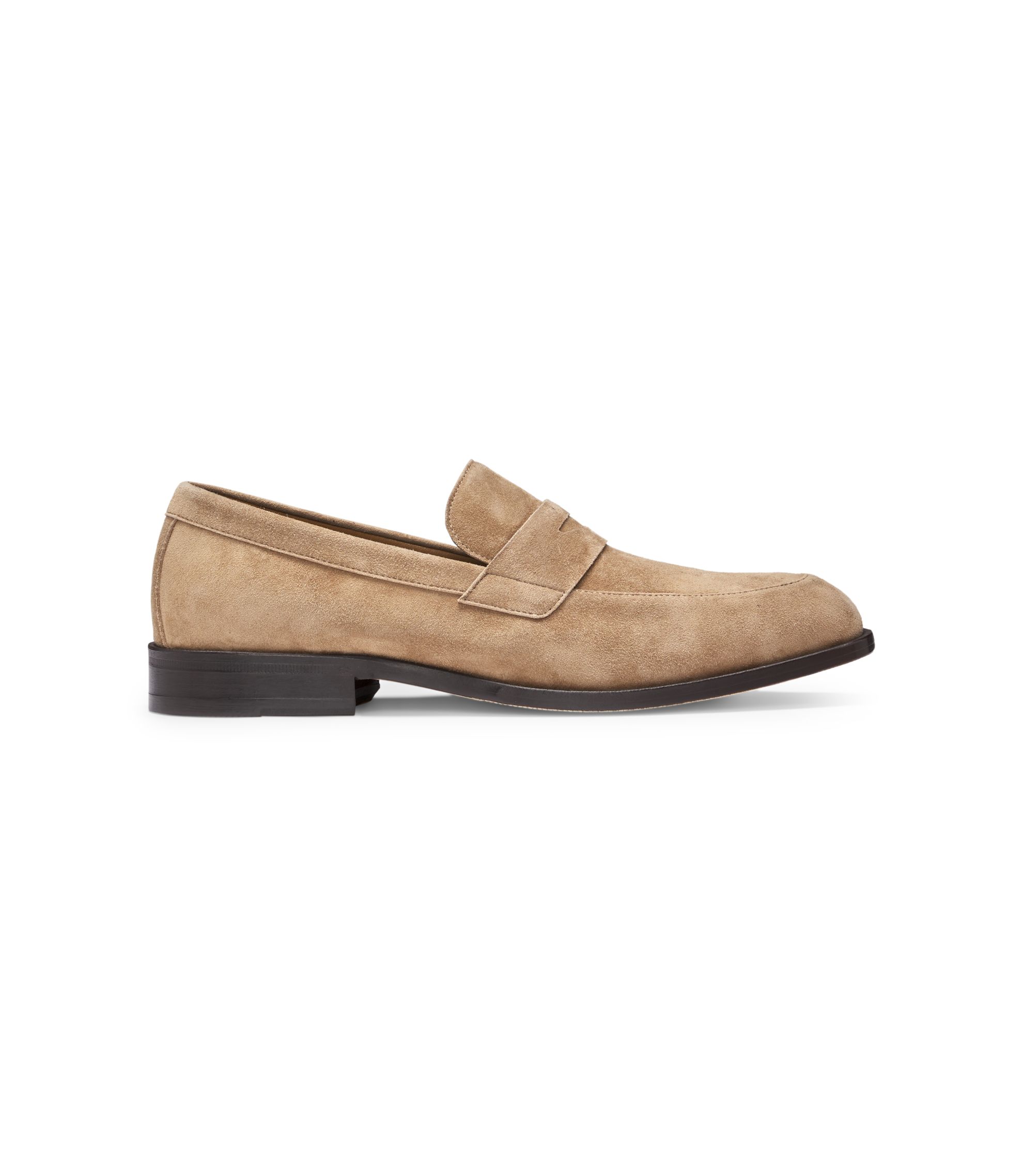 Boss Beige Suede Penny Loafers BOSS: Beige Penny Trim Suede Loafers | SSENSE main image 4