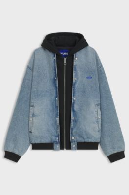 Denim bomber jacket with hooded jersey panel, Blue