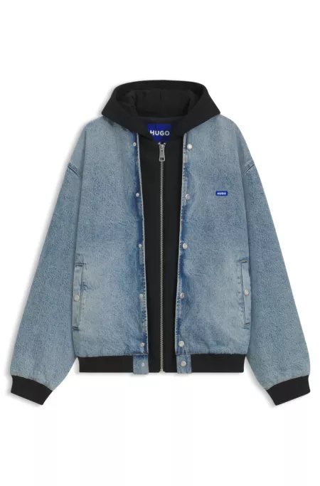Denim bomber jacket with hooded jersey panel