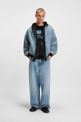 Denim bomber jacket with hooded jersey panel, Blue