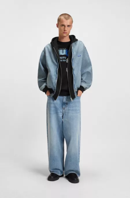 Denim bomber jacket with hooded jersey panel
