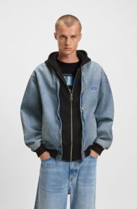Denim bomberjack met capuchon en jersey inzetstuk, Blauw