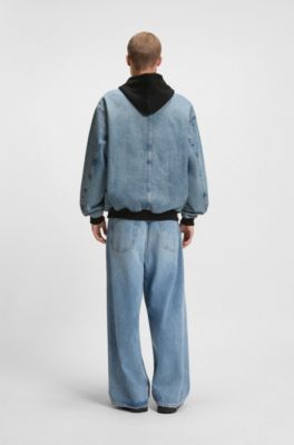Denim bomber jacket with hooded jersey panel, Blue