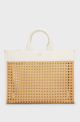 Woven tote bag with golden logo, Beige