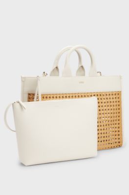 Woven tote bag with golden logo, Beige
