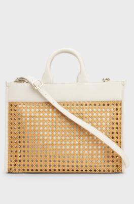 Woven tote bag with golden logo, Beige