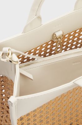 Woven tote bag with golden logo, Beige