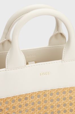 Woven tote bag with golden logo, Beige