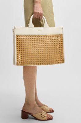 Woven tote bag with golden logo, Beige