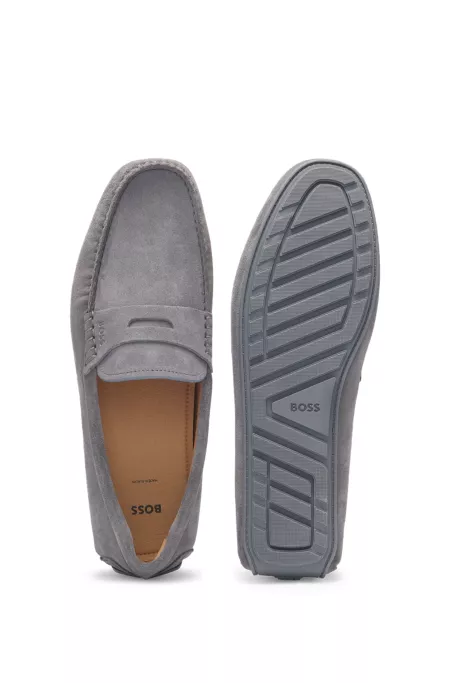 Portuguese-crafted moccasin loafers in suede with penny trim