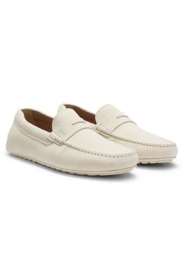 Suede moccasins with penny trim, White