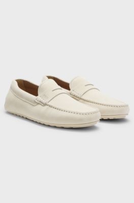 Suede moccasins with penny trim, White