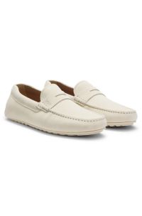 Suede moccasins with penny trim, White