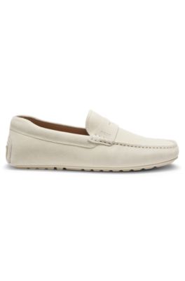 Suede moccasins with penny trim, White