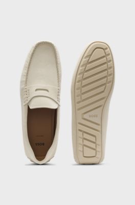 Suede moccasins with penny trim, White