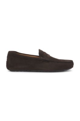Suede moccasins with penny trim, Dark Brown
