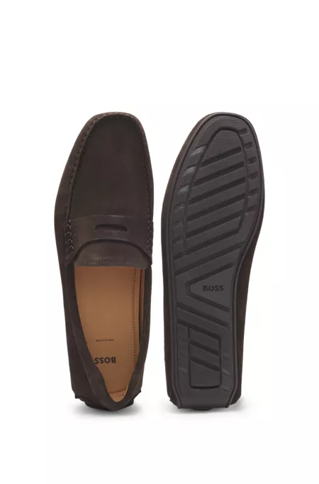 Portuguese-crafted moccasin loafers in suede with penny trim