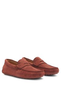 Portuguese-crafted moccasin loafers in suede with penny trim, Dark Red