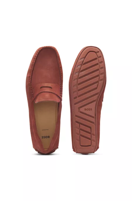 Portuguese-crafted moccasin loafers in suede with penny trim