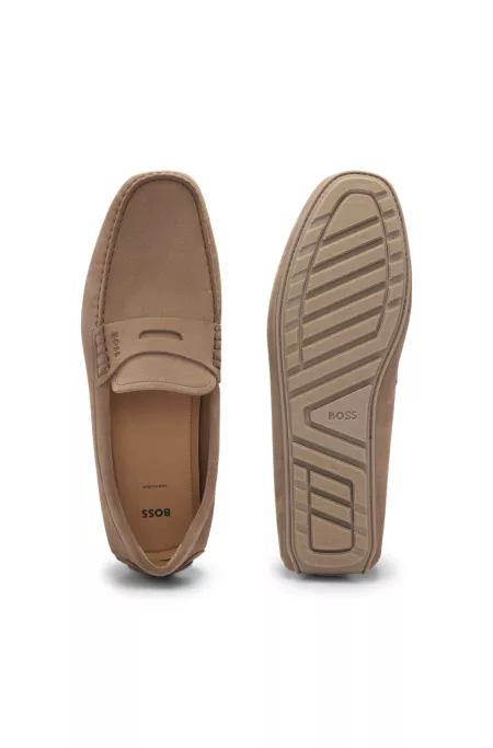 Portuguese-crafted moccasin loafers in suede with penny trim