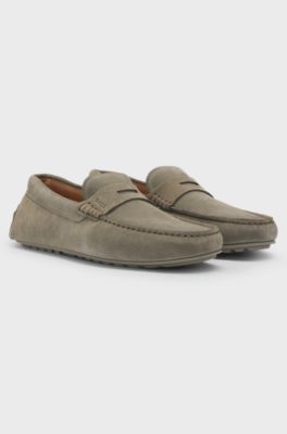 Penny-trim suede moccasins, Light Green