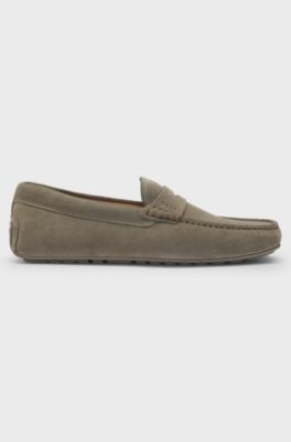 Penny-trim suede moccasins, Light Green