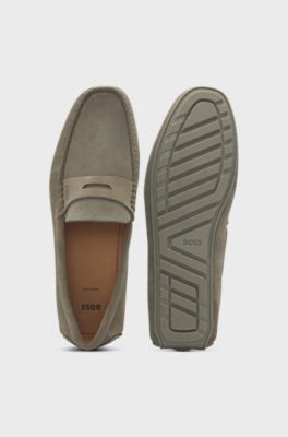 Penny-trim suede moccasins, Light Green