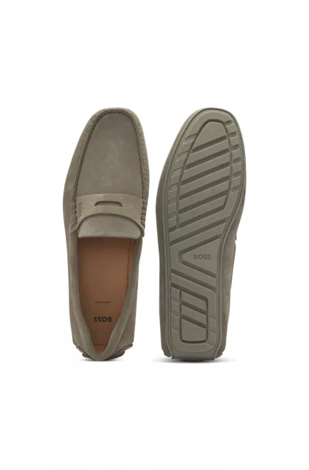 Portuguese-crafted moccasin loafers in suede with penny trim