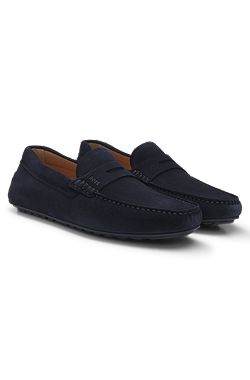 Portuguese-crafted moccasin loafers in suede with penny trim