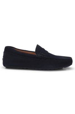 Suede moccasins with penny trim, Dark Blue