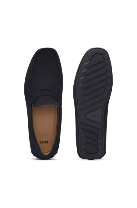Portuguese-crafted moccasin loafers in suede with penny trim