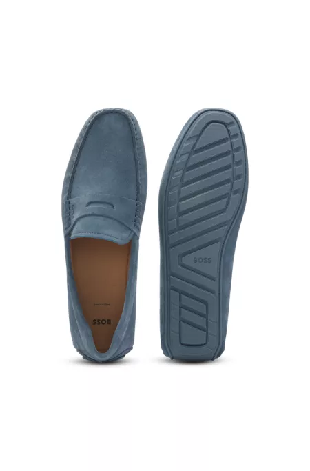 Portuguese-crafted moccasin loafers in suede with penny trim
